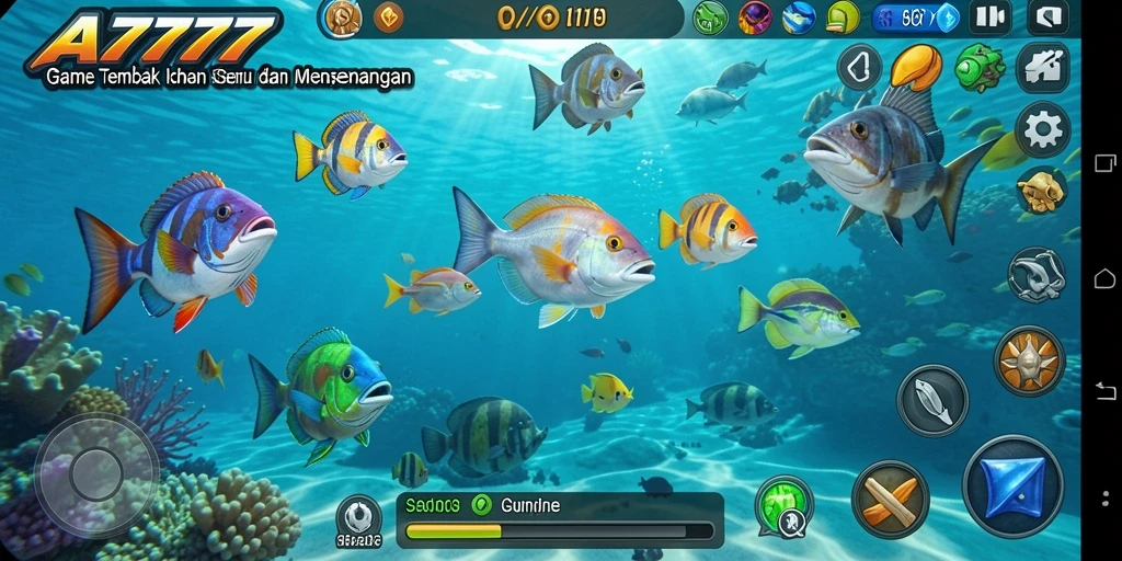 Screenshot gameplay A7777 dengan aksi menembak ikan yang seru.