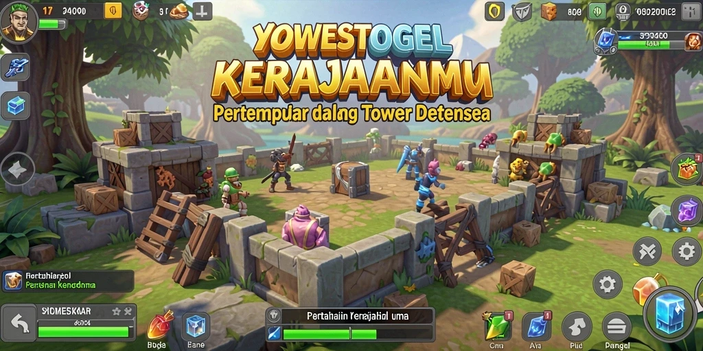 Tampilan gameplay seru YOWESTOGEL dengan strategi menara yang mendebarkan.